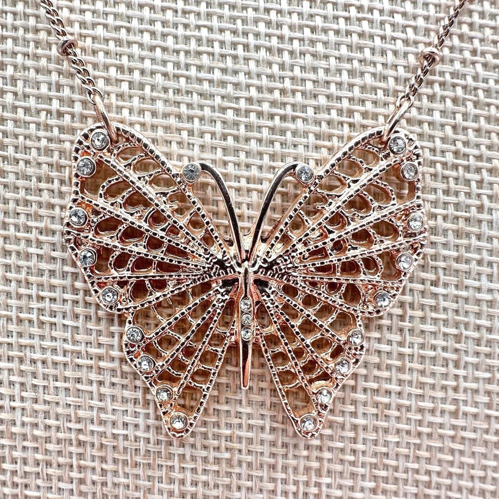 Vintage 80s Rose Gold Tone Butterfly Necklace Clear Rhinestone Statement Jewelry